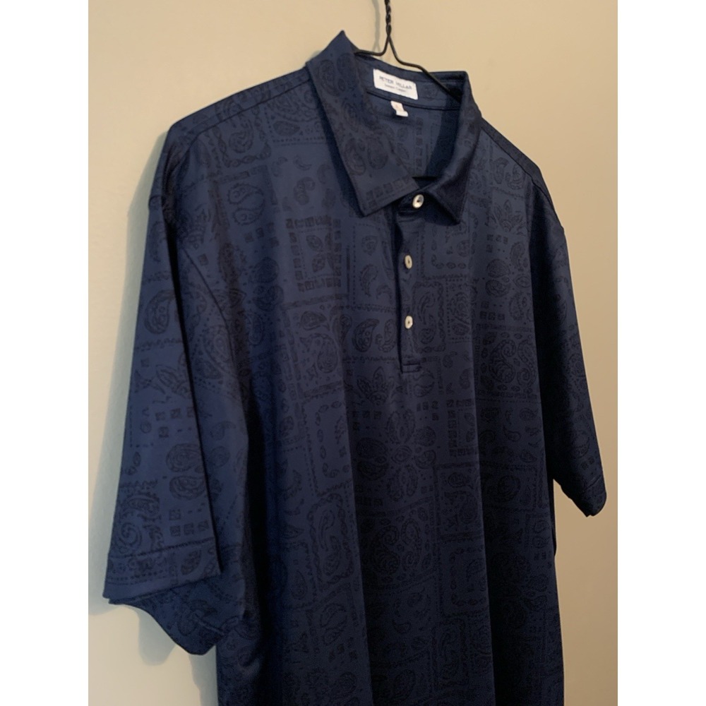 Peter Millar Summer Comfort Men's Polo L Short Sleeve Dark Blue Paisley - Picture 6 of 16